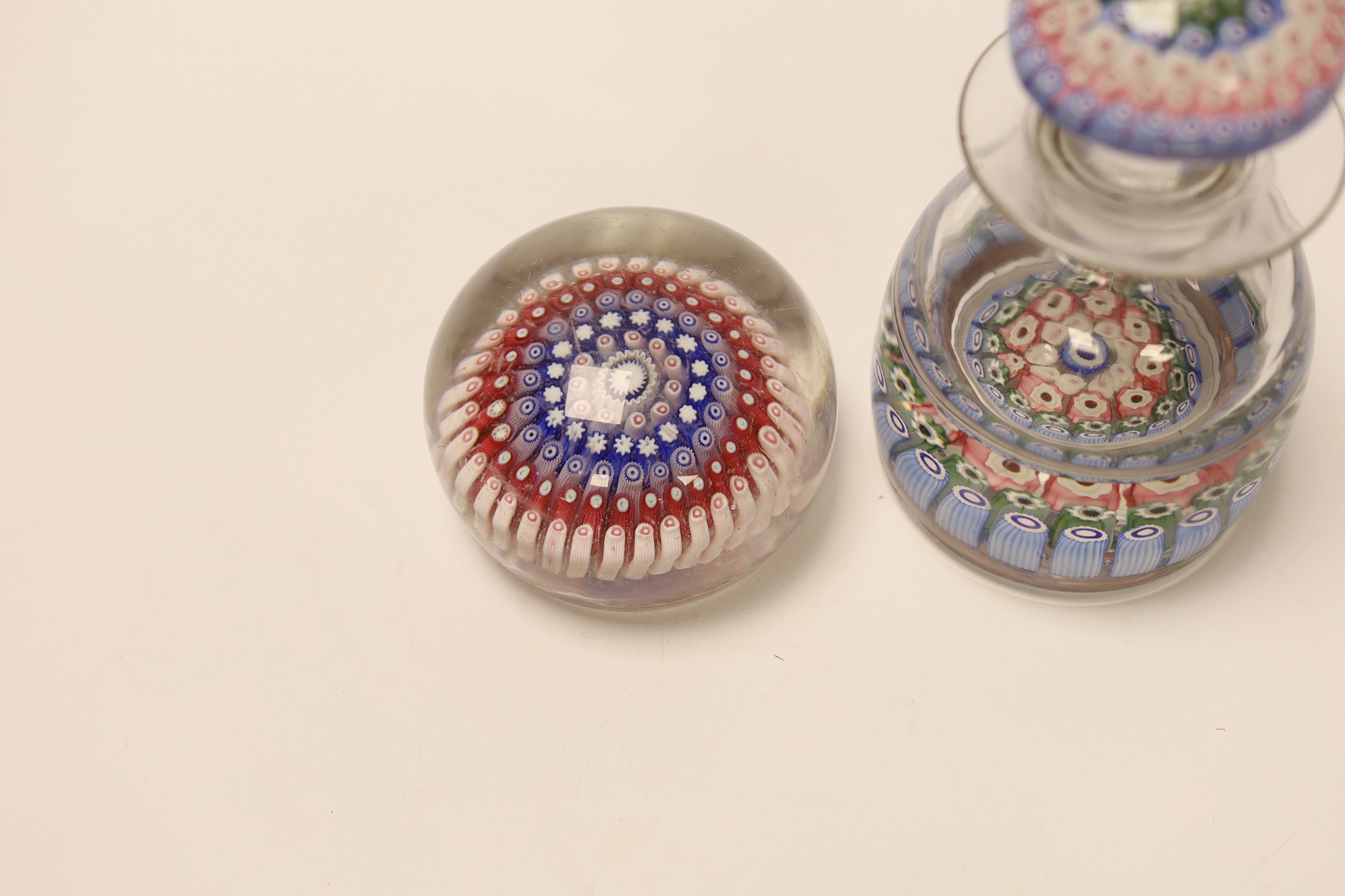 A millefiori glass inkwell and a paperweight, 14cm high